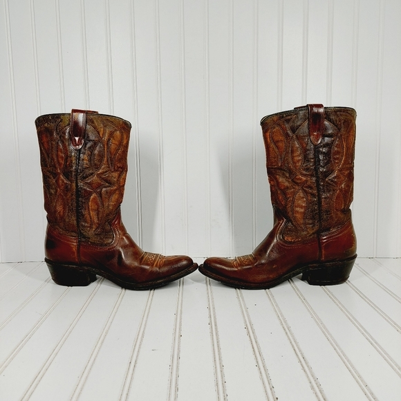 Bronco Brown Embroidery Leather Slip On Block Heel Pointy Toe Western Boots D186 - Picture 7 of 13